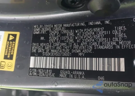 2013 Toyota Highlander Se V6 from USA, damaged, VIN 5TDZK3EH5DS136001